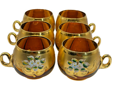 Set of 6 Amber Bohemian Czech 24k Gold Gilded Enameled Floral Punch Cups Glass
