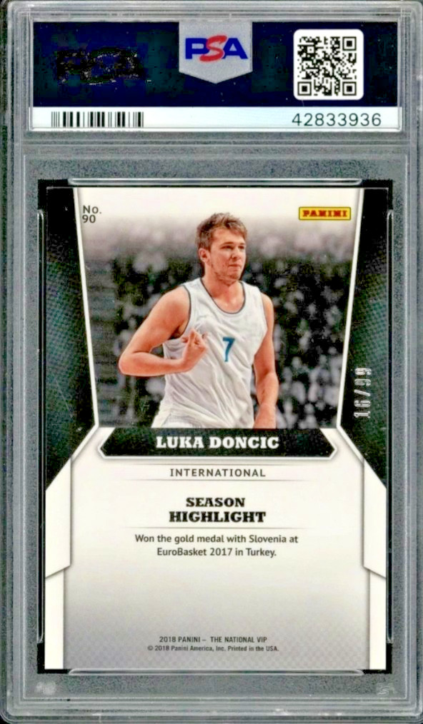 2018 Panini The National VIP Rookie /99 Silver Prizm #90 Luka Doncic RC SP PSA 9 view 3
