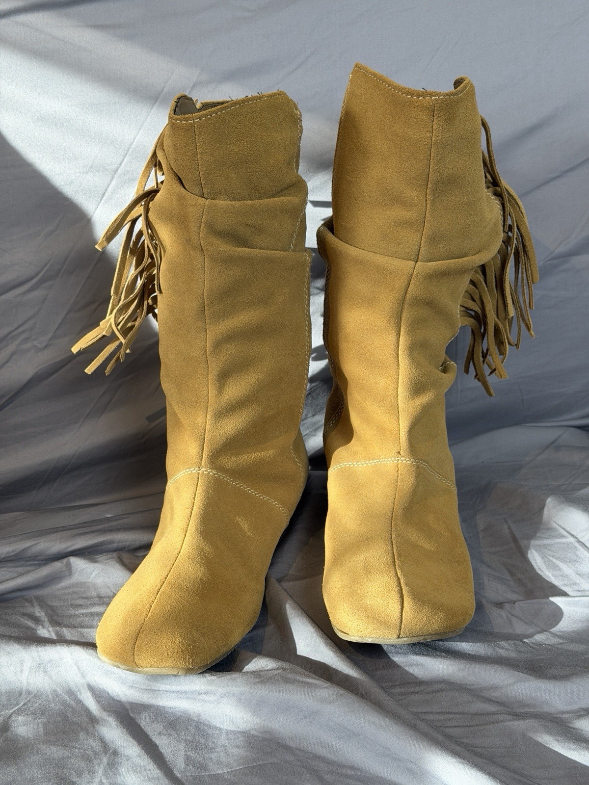 Tabitha Suede Fringe Mid Calf Boots Womens 9 Tan Boho Festival Flat