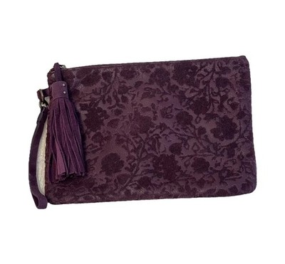 Gorgeous Lucky Brand Leather Wristlet Pouch, Lilac Purple Velvety Floral 10 x7 