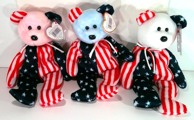 3 Vtg Patriotic Ty Beanie Babies named Spangle with Pink Blue White Faces 1999