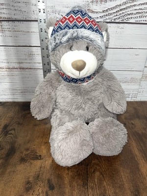 Gentle Treasure Gray Bear Plush 16  Winter Hat Scarf Red Blue Stuffed Animal Toy