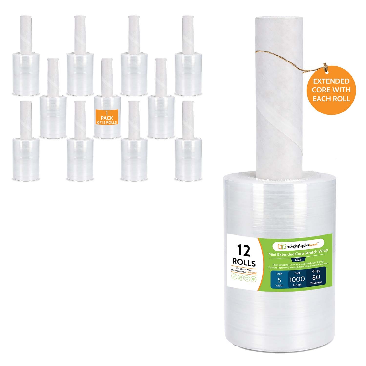 5" in x 1000FT 80 Gauge Extended Core Stretch Shrink Film Hand Wrap 12 Rolls