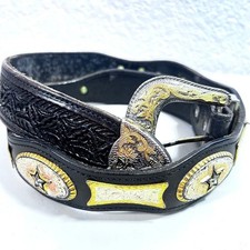 Vtg Western Tooled Leather Belt 38 Silver  Gold Tone Star Conchos Black Unisex