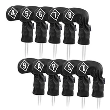  Golf Iron Head Covers 10Pcs Set Long Neck Golf Club Protector Leather Black