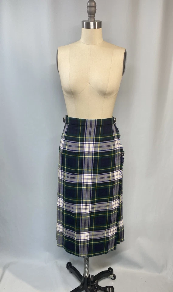 Falda Tartán Vintage TALLA PEQUEÑA 8 Cuadros Azul Verde Kilt Hebilla Midi Plisada Foto 3 de 4