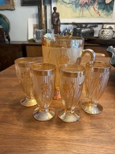 Vintage Jeanette Iris and Herringbone Iridescent  Pitcher & 6 Glass Set