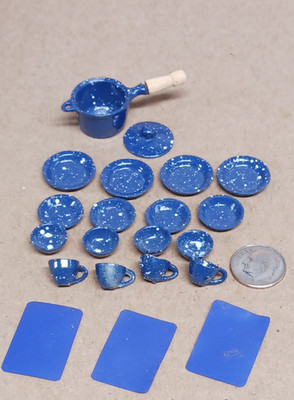 21 piece Miniature Spatter Ware Metal Blue/White Pot Plates Cups Doll Home MINI