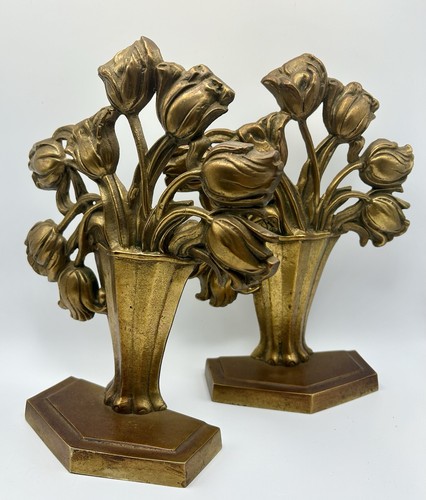 Vintage Brass Bookends Tulips in Vase Bookends Pair Decor 9.25” X 7.75” Taiwan - Picture 4 of 11