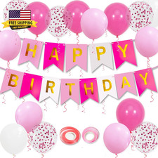 Pink Birthday Decorations, Happy Birthday Banner, 16 Pcs 12 Inch Balloons with 2