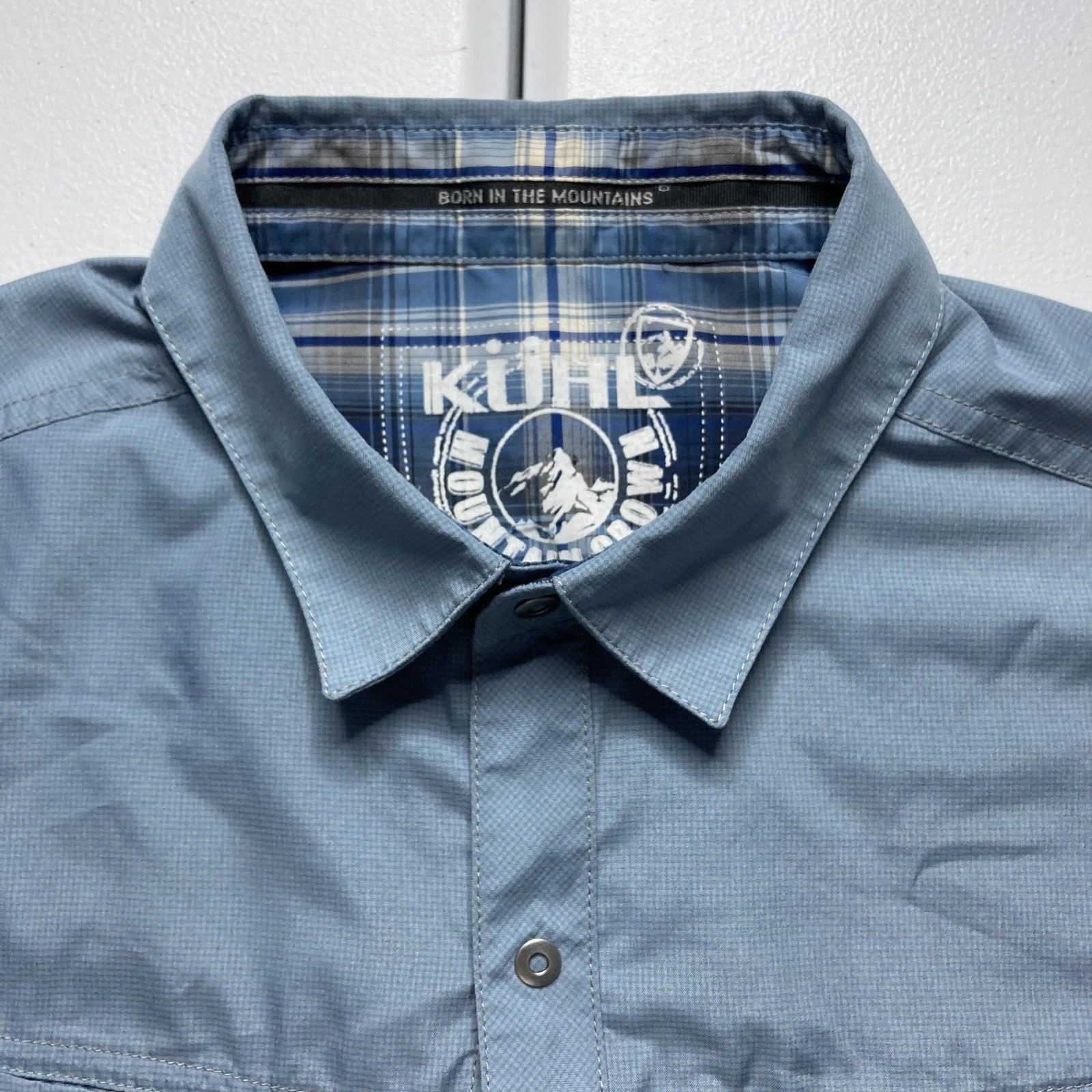 Kuhl Stealth Shirt Mens Large Blue Short Sleeve Snap Utility Pockets Hiking
