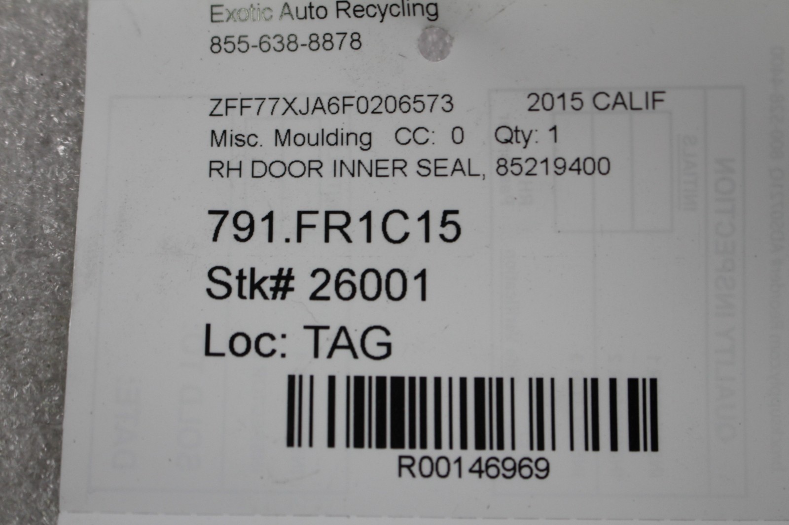 Ferrari California T, RH, Right, Inner Door Seal, Dmg, Used, P/N 85219400