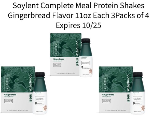Soylent Complete Meal Protein Gingerbread Shakes 11oz Each 3Packs of 4 Exp 10/25