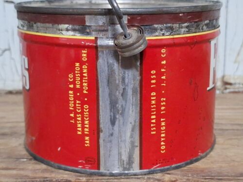 1953 VINTAGE FOLGER'S COFFEE REGULAR GRIND TIN CAN 1 POUND KEY WIND ATTACHED ! - Picture 2 of 10