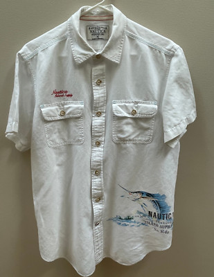 Nautica Sea Voyage Shirt Men Medium Button Up White Linen Blend Swordfish Ocean