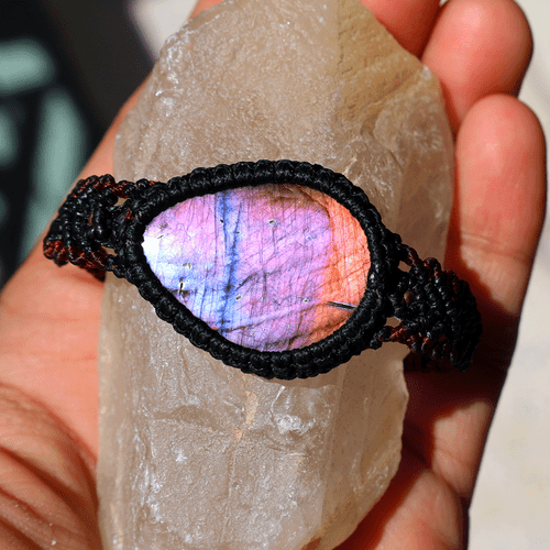 Bracciale Cristallo Macramè Fatto a Mano Naturale Labradorite Viola Flash Bellissimo - Foto 8 di 11