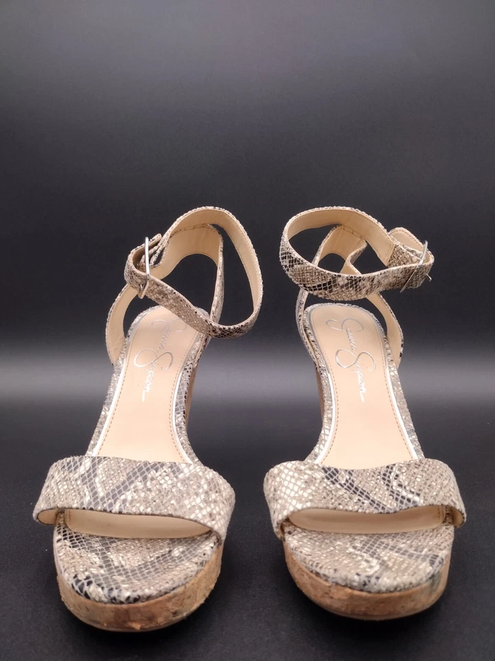 Jessica Simpson Jateen 8.5M Wedge Sandals Faux Snakeskin 4” Heels Cork Platform Foto 4 de 4