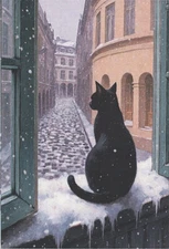 Snowy Paris Street Scene with Black Cat 4x6 Image Card Blank Back France