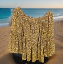 Chaps Misses L Top Tan/Orange Floral Sheer Peasant Style Off-the-Shoulder Boho