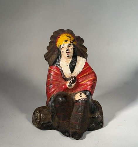 Antique Native American Chief Sitting On Log Cast Iron Coin Bank Figure