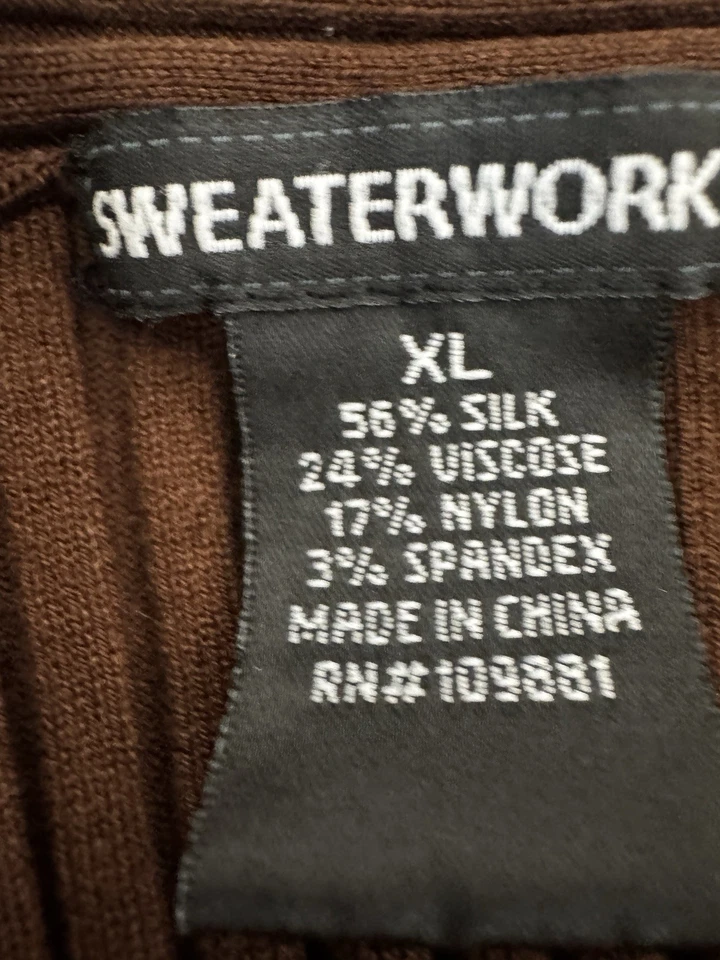 Sweaterworks коричневый XL ребристый коротким рукавом Y2K 90-х шелковая смесь свитер тихий Luxe - Изображение 3 из 4