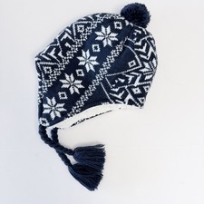 Land s End Blue White Snowflakes Fleece lined Beanie With Ear Flaps M/L Faux Fur