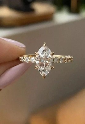 2Ct Marquise D/VVS1 Moissanite Prong Engagement Ring 10K Solid Yellow Gold