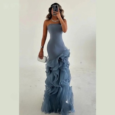 Strapless Prom Dresses Mermaid Sleeveless Evening Dresses Pleated Floor Length