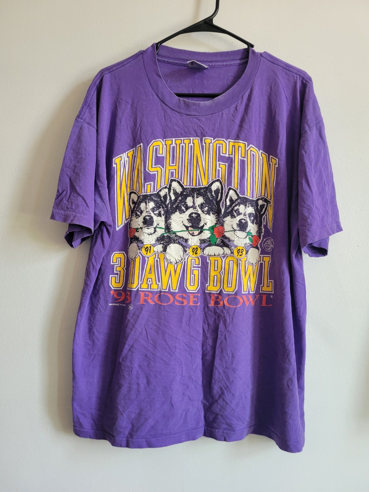 UW Washington Huskies 93 Rose Bowl Dawg Bowls Print T-Shirt Men's XL Purple