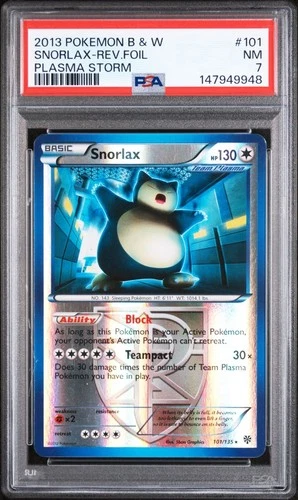 2013 POKEMON BLACK & WHITE PLASMA STORM 101 SNORLAX-REVERSE FOIL PSA 7 NM