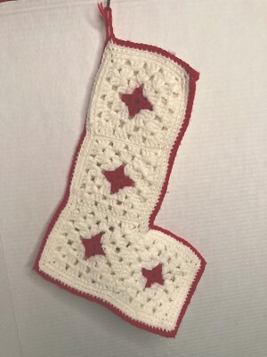 Christmas Granny Square Stocking Vintage Holidays White Red Handmade Yarn Art