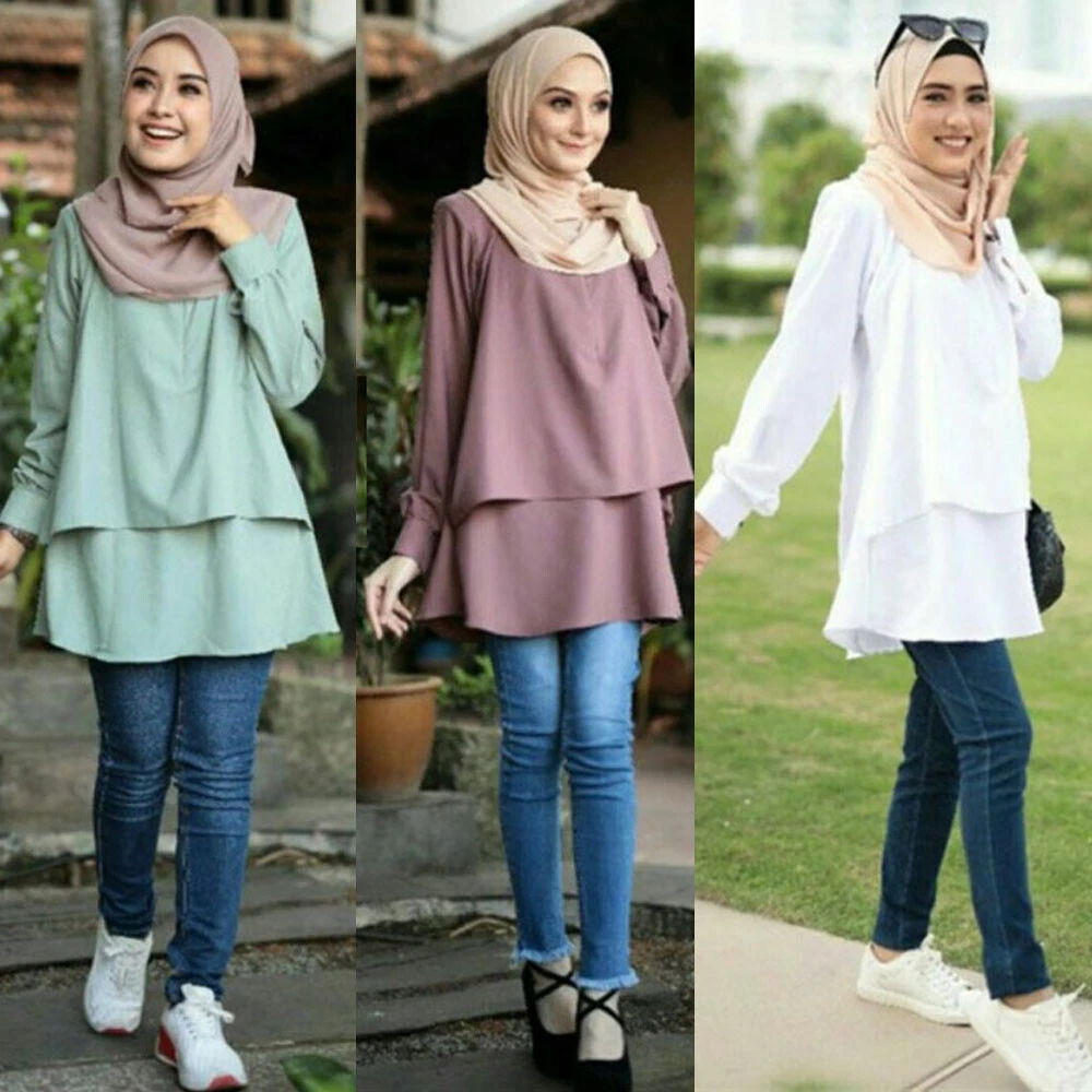 Muslim Women Ladies Fashion Blouse Tops Long Sleeve Casual Loose T