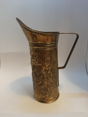Peerage Brass Embossed Pitcher Made in England Pub Scene  Vintage Hammered  H3