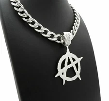 Hip Hop Iced Silver PT Anarchy Pendant & 11mm 20" Cuban Choker Chain Necklace