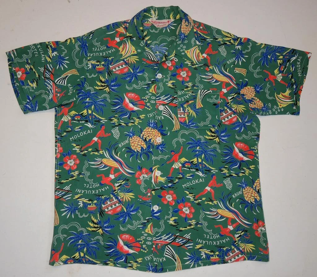 Vtg 40s Kuonakakai Rayon Hawaiian Shirt M Loop Collar Surfer Spear Fisherman