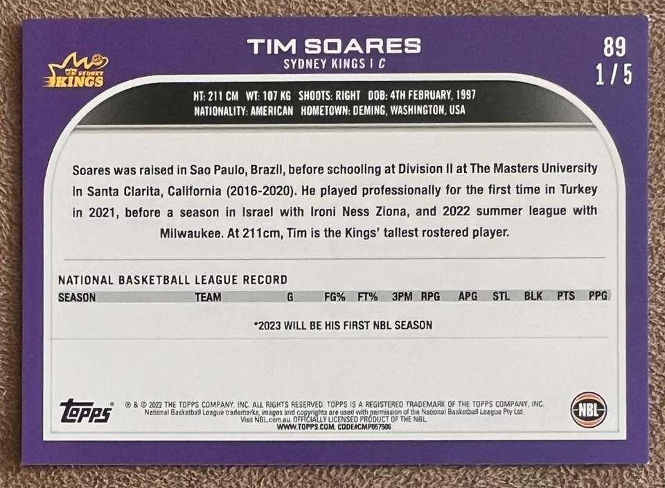 2022-23 Topps National Basketball League Red #89 Tim Soares /5 Rookie SSP 1/5 RC - Image 2 of 4
