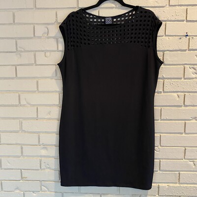 Clara Sun Woo Black Eyelet Cutout Cap Sleeve Stretch Tunic Mini Dress Sz Large L