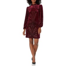 Vince Camuto Women's 4 Wine Velvet Burnout Shift Dress Long Sleeve Luxury K33-3