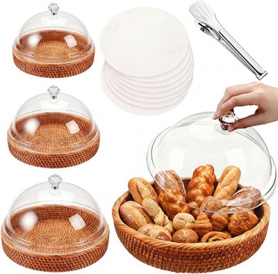 3 Set Rattan Bread Baskets with Acrylic Lid Oval Woven Fruit Basket with