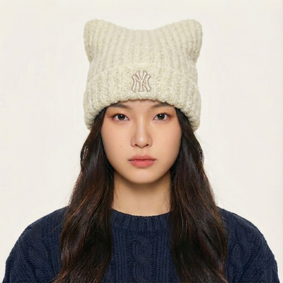 MLB Korea Plush Meow Beanie NY Yankees Black Cat Ear Hat Fuzzy