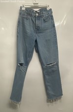 Zara Womens Blue Denim Distressed Raw Hem Medium Wash Straight Leg Jeans Size 4
