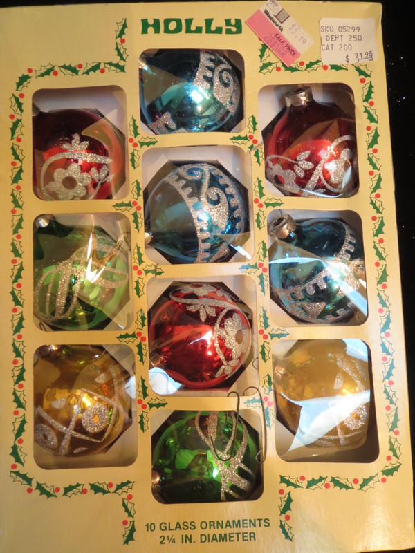 VTG CHRISTMAS TREE GLASS ORNAMENTS..IN BOX.. HOLLY  10 2 1/4" diameter SILVER +2