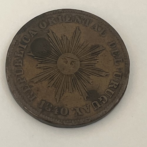 1840 Republic Of Uruguay 20 Centesimos Copper Coin Sun