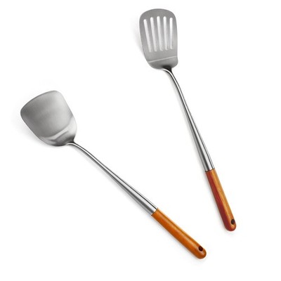 304 Stainless Steel Cooking Utensils Set with Wooden Handle, 2 PCS Metal Wok ...
