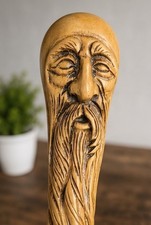 Old Man Face Handmade 3-Fold Wooden Walking Stick - Carved Wizard Head Handle