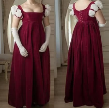 Regency Era Second Empire High Waistline Red Dress Victorian Jane Austen