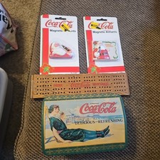 4 Vtg Coke CocaCola 90s Collector&rsquo;s Lot  Santa Magnets, Metal Tin Cribbage Board