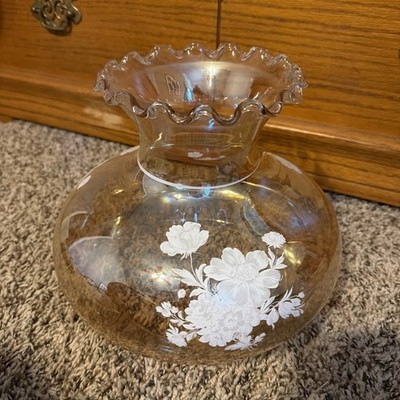 Gone With the Wind Hurricane Lamp Shade/Globe Amber Floral Glass w/Ruffled Rim