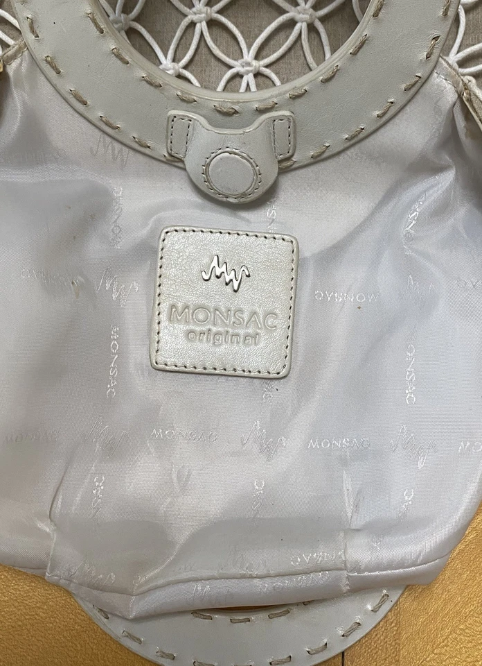 MONSAC Original Cream Macrame Clutch With Circular Leather Handles Magnet - Image 4 of 4