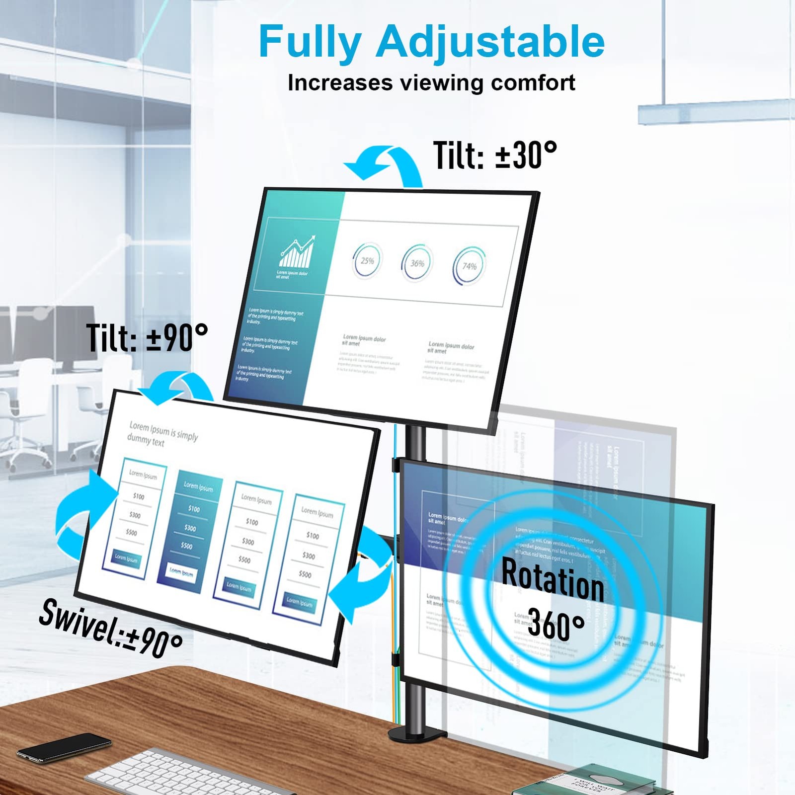 MOUNTUP Triple Monitor Stand, Height Adjustable Monitor Desk Mount Fit for 17...
